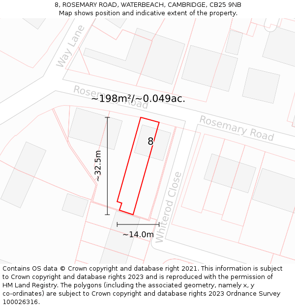 8, ROSEMARY ROAD, WATERBEACH, CAMBRIDGE, CB25 9NB: Plot and title map