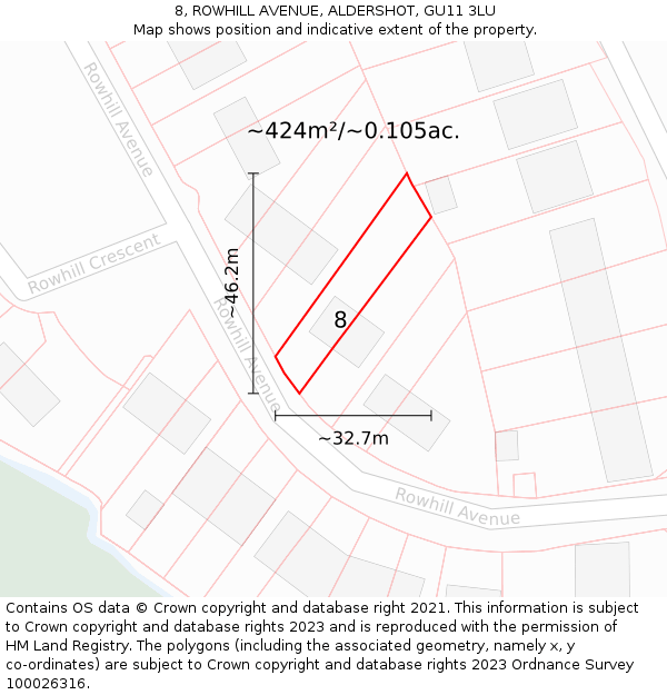 8, ROWHILL AVENUE, ALDERSHOT, GU11 3LU: Plot and title map