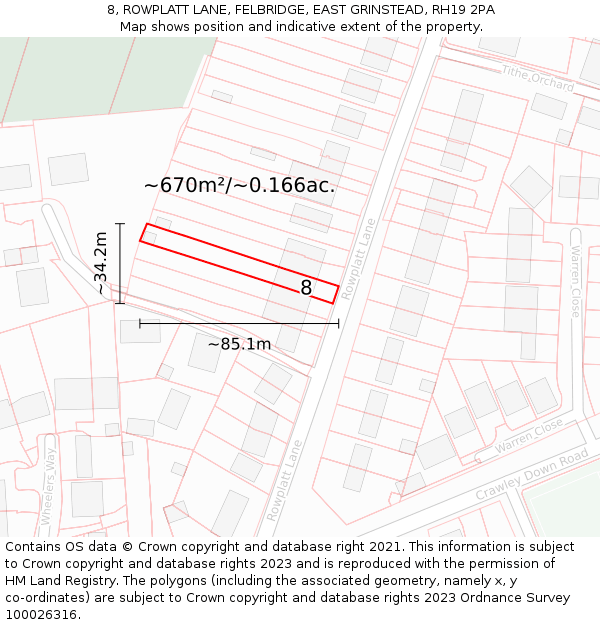 8, ROWPLATT LANE, FELBRIDGE, EAST GRINSTEAD, RH19 2PA: Plot and title map