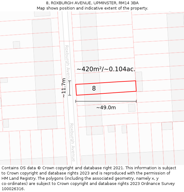 8, ROXBURGH AVENUE, UPMINSTER, RM14 3BA: Plot and title map