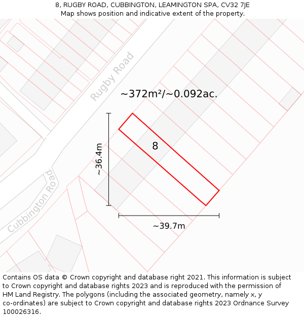 8, RUGBY ROAD, CUBBINGTON, LEAMINGTON SPA, CV32 7JE: Plot and title map