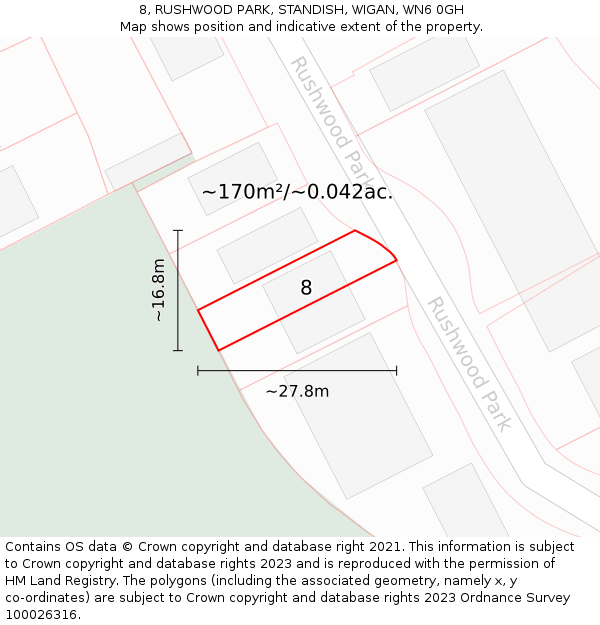 8, RUSHWOOD PARK, STANDISH, WIGAN, WN6 0GH: Plot and title map