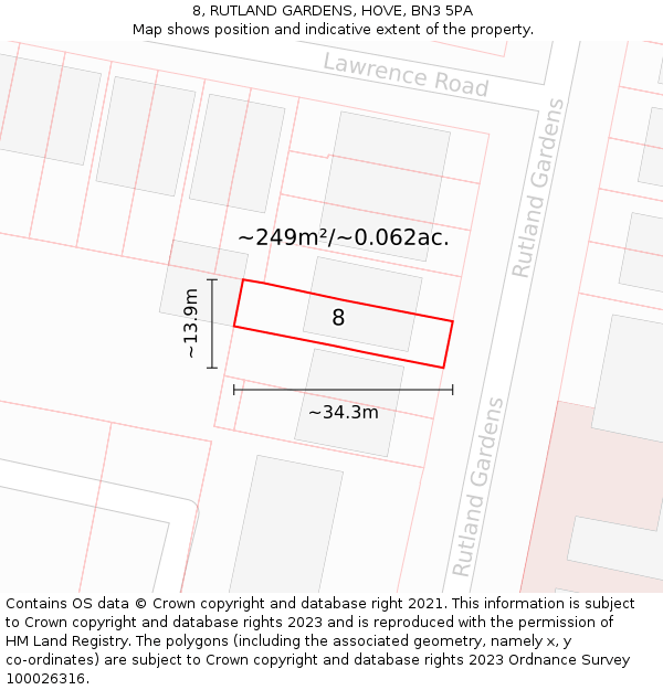 8, RUTLAND GARDENS, HOVE, BN3 5PA: Plot and title map