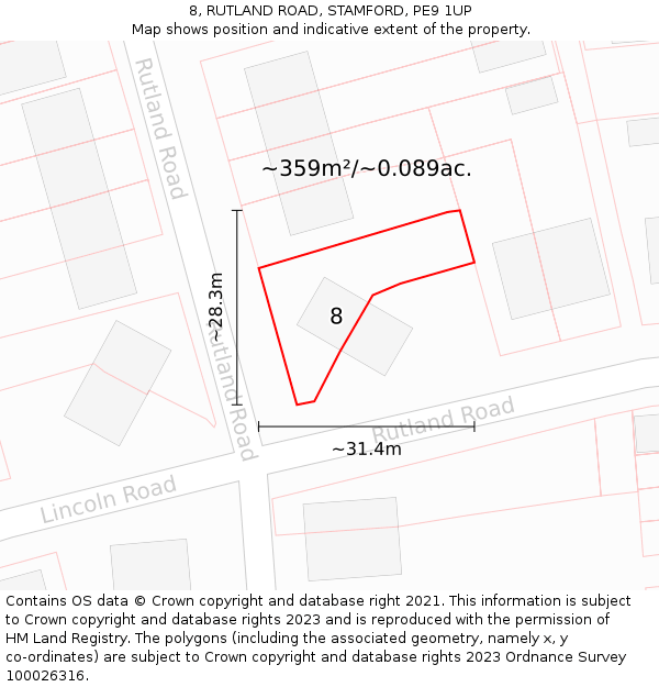 8, RUTLAND ROAD, STAMFORD, PE9 1UP: Plot and title map