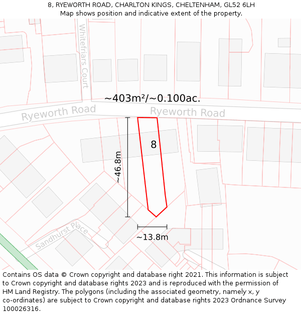 8, RYEWORTH ROAD, CHARLTON KINGS, CHELTENHAM, GL52 6LH: Plot and title map