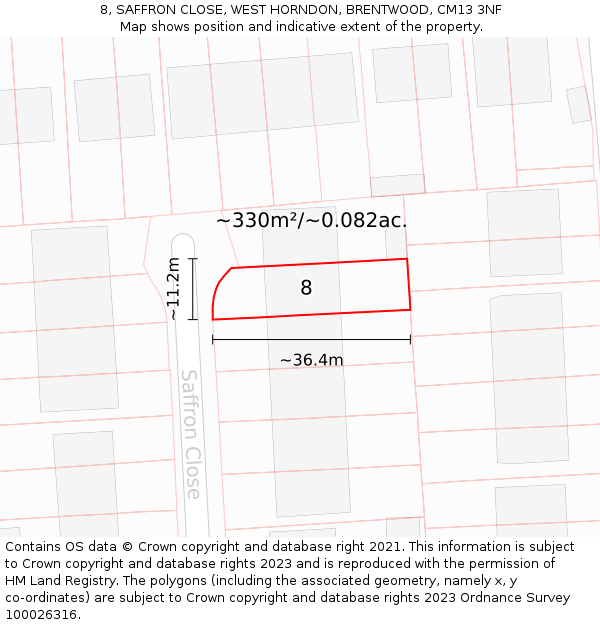 8, SAFFRON CLOSE, WEST HORNDON, BRENTWOOD, CM13 3NF: Plot and title map