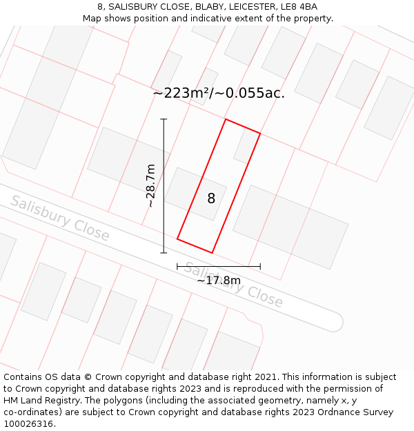 8, SALISBURY CLOSE, BLABY, LEICESTER, LE8 4BA: Plot and title map