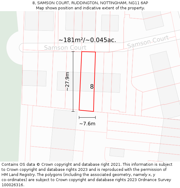 8, SAMSON COURT, RUDDINGTON, NOTTINGHAM, NG11 6AP: Plot and title map