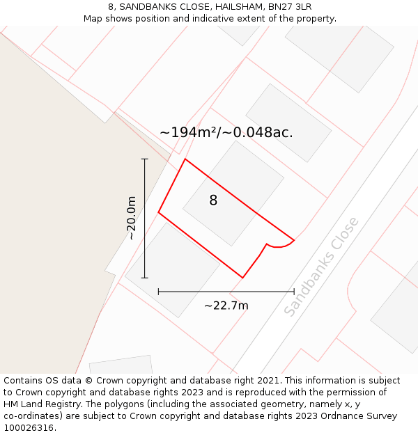 8, SANDBANKS CLOSE, HAILSHAM, BN27 3LR: Plot and title map