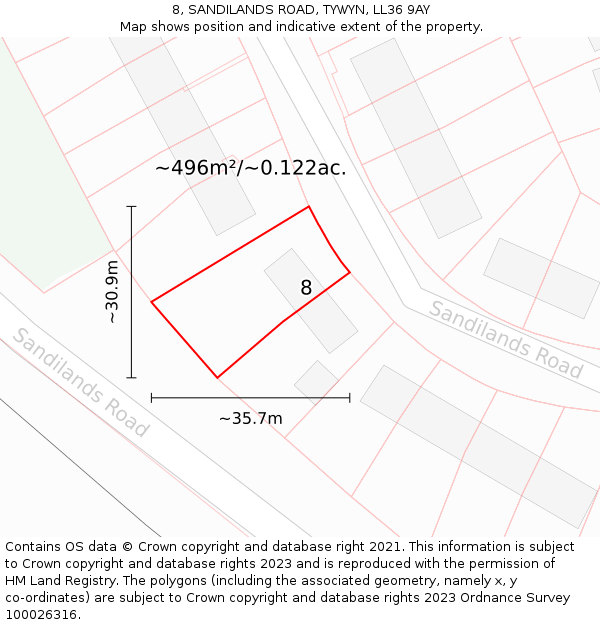 8, SANDILANDS ROAD, TYWYN, LL36 9AY: Plot and title map