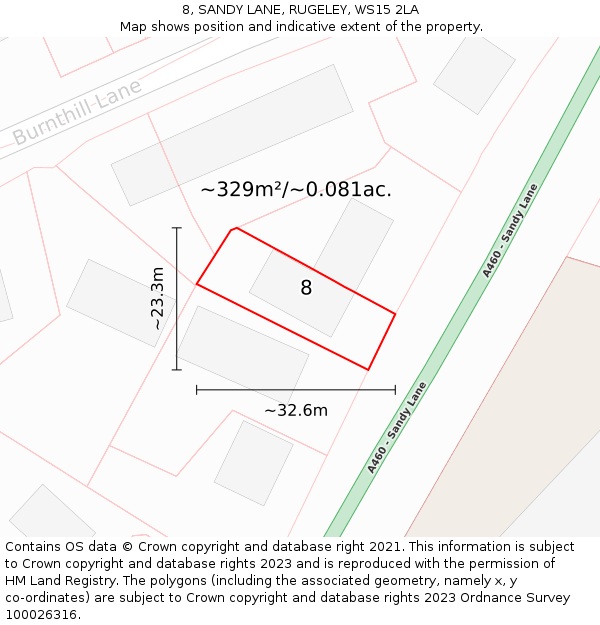 8, SANDY LANE, RUGELEY, WS15 2LA: Plot and title map