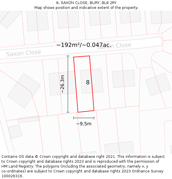 8, SAXON CLOSE, BURY, BL8 2RY: Plot and title map