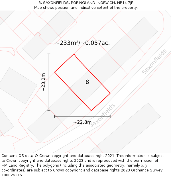 8, SAXONFIELDS, PORINGLAND, NORWICH, NR14 7JE: Plot and title map