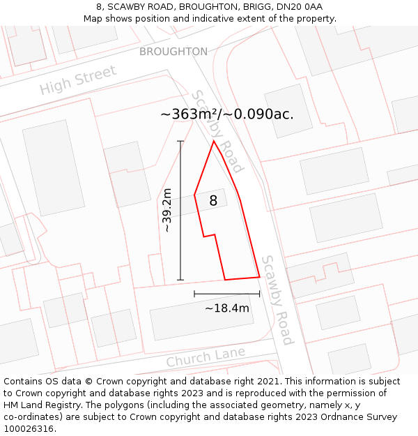 8, SCAWBY ROAD, BROUGHTON, BRIGG, DN20 0AA: Plot and title map