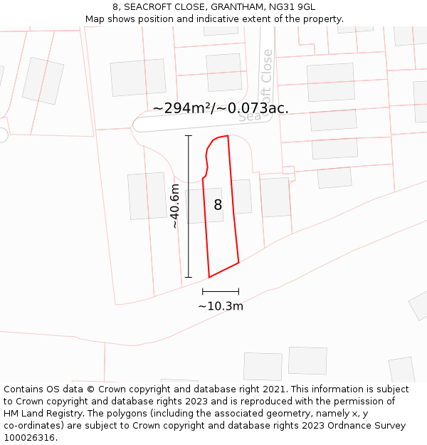 8, SEACROFT CLOSE, GRANTHAM, NG31 9GL: Plot and title map