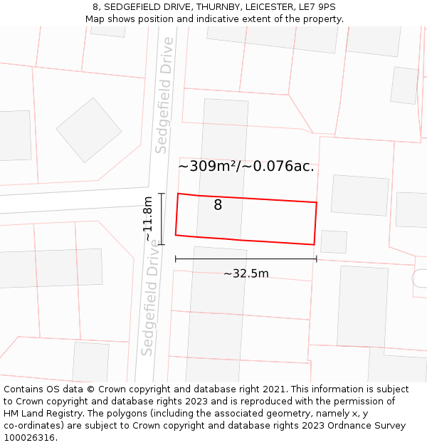 8, SEDGEFIELD DRIVE, THURNBY, LEICESTER, LE7 9PS: Plot and title map