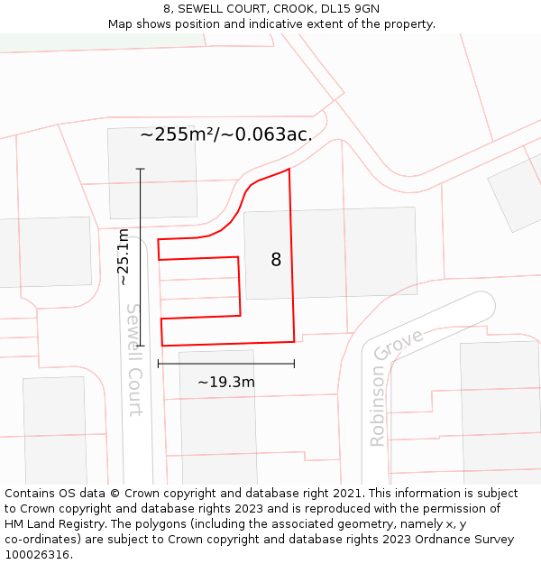 8, SEWELL COURT, CROOK, DL15 9GN: Plot and title map