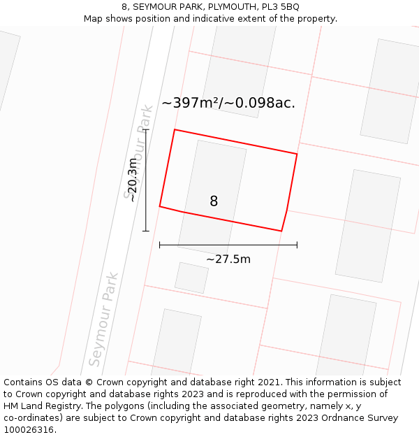 8, SEYMOUR PARK, PLYMOUTH, PL3 5BQ: Plot and title map