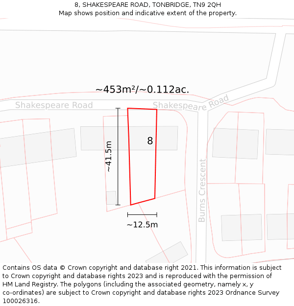 8, SHAKESPEARE ROAD, TONBRIDGE, TN9 2QH: Plot and title map