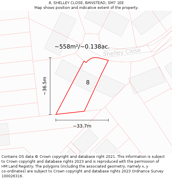 8, SHELLEY CLOSE, BANSTEAD, SM7 1EE: Plot and title map