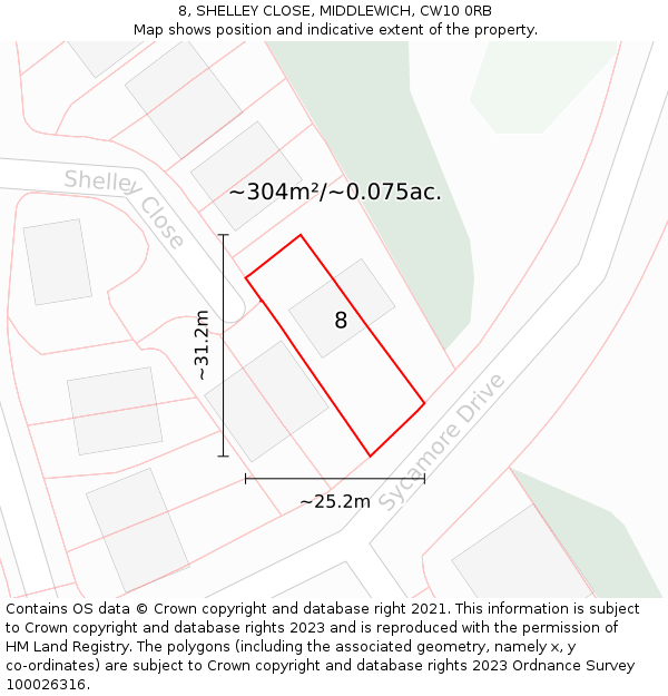 8, SHELLEY CLOSE, MIDDLEWICH, CW10 0RB: Plot and title map