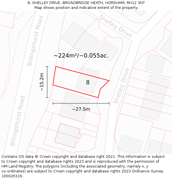 8, SHELLEY DRIVE, BROADBRIDGE HEATH, HORSHAM, RH12 3NT: Plot and title map