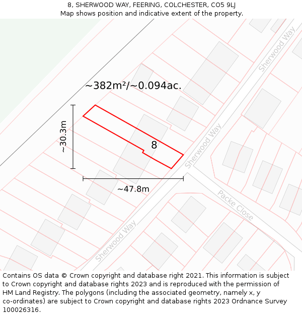 8, SHERWOOD WAY, FEERING, COLCHESTER, CO5 9LJ: Plot and title map