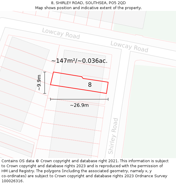 8, SHIRLEY ROAD, SOUTHSEA, PO5 2QD: Plot and title map