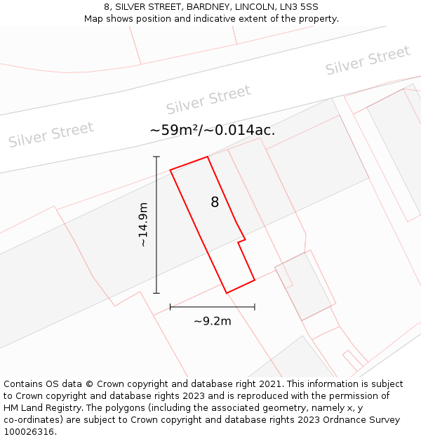 8, SILVER STREET, BARDNEY, LINCOLN, LN3 5SS: Plot and title map