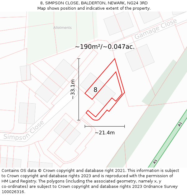 8, SIMPSON CLOSE, BALDERTON, NEWARK, NG24 3RD: Plot and title map