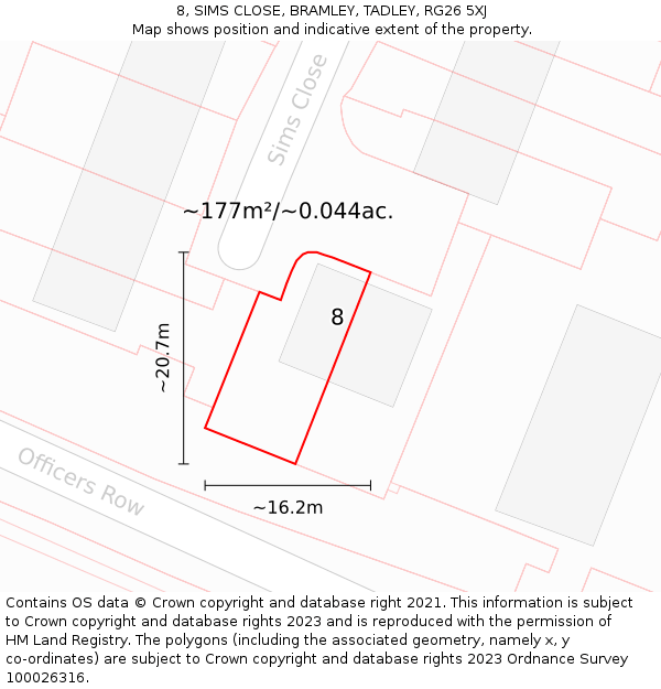 8, SIMS CLOSE, BRAMLEY, TADLEY, RG26 5XJ: Plot and title map