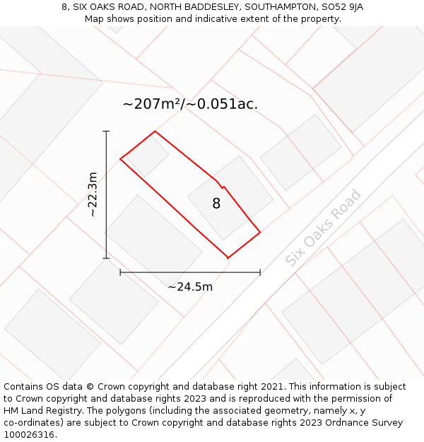 8, SIX OAKS ROAD, NORTH BADDESLEY, SOUTHAMPTON, SO52 9JA: Plot and title map