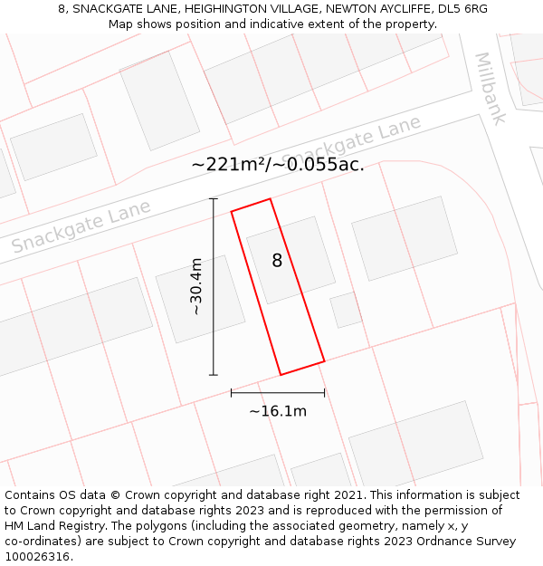 8, SNACKGATE LANE, HEIGHINGTON VILLAGE, NEWTON AYCLIFFE, DL5 6RG: Plot and title map