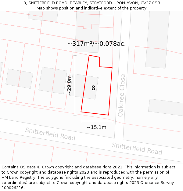 8, SNITTERFIELD ROAD, BEARLEY, STRATFORD-UPON-AVON, CV37 0SB: Plot and title map