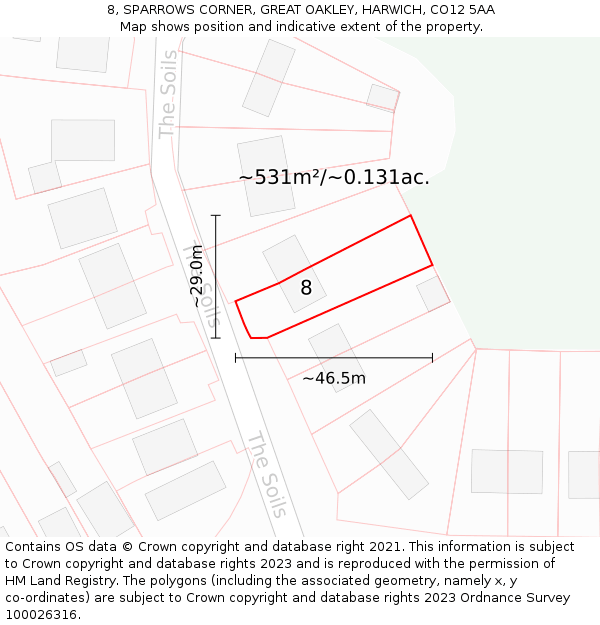 8, SPARROWS CORNER, GREAT OAKLEY, HARWICH, CO12 5AA: Plot and title map