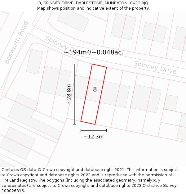 8, SPINNEY DRIVE, BARLESTONE, NUNEATON, CV13 0JQ: Plot and title map