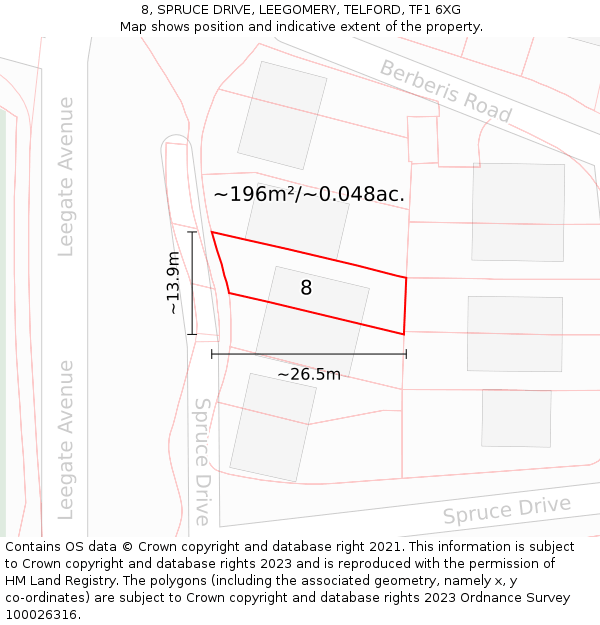 8, SPRUCE DRIVE, LEEGOMERY, TELFORD, TF1 6XG: Plot and title map