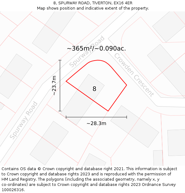 8, SPURWAY ROAD, TIVERTON, EX16 4ER: Plot and title map