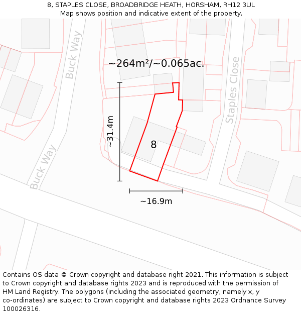 8, STAPLES CLOSE, BROADBRIDGE HEATH, HORSHAM, RH12 3UL: Plot and title map