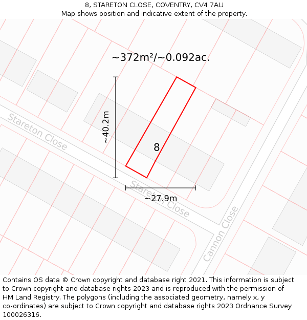 8, STARETON CLOSE, COVENTRY, CV4 7AU: Plot and title map