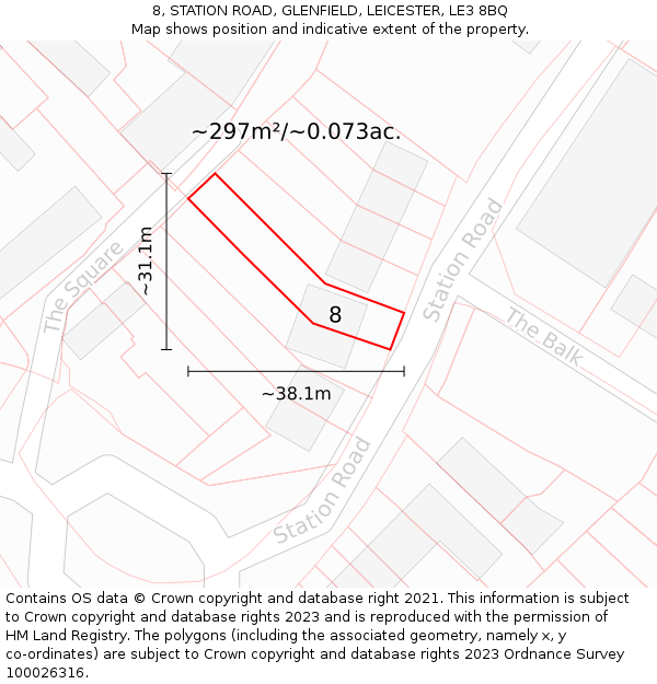 8, STATION ROAD, GLENFIELD, LEICESTER, LE3 8BQ: Plot and title map