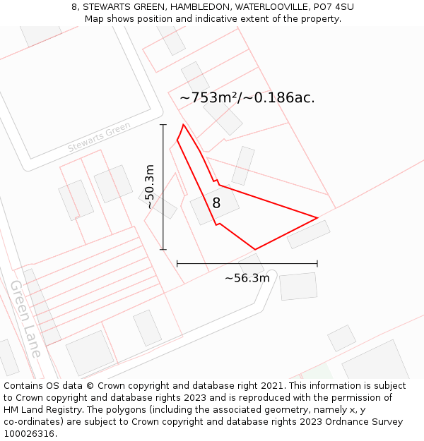 8, STEWARTS GREEN, HAMBLEDON, WATERLOOVILLE, PO7 4SU: Plot and title map