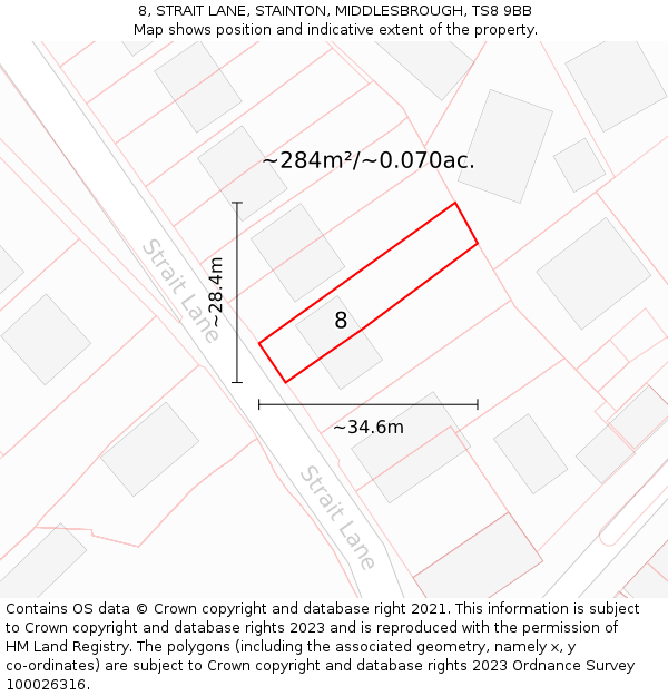 8, STRAIT LANE, STAINTON, MIDDLESBROUGH, TS8 9BB: Plot and title map