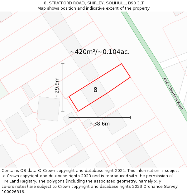 8, STRATFORD ROAD, SHIRLEY, SOLIHULL, B90 3LT: Plot and title map