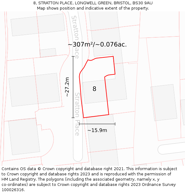 8, STRATTON PLACE, LONGWELL GREEN, BRISTOL, BS30 9AU: Plot and title map