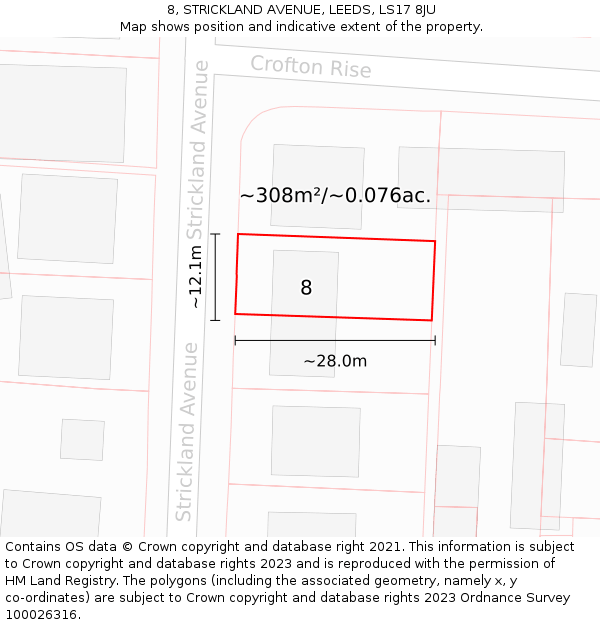 8, STRICKLAND AVENUE, LEEDS, LS17 8JU: Plot and title map