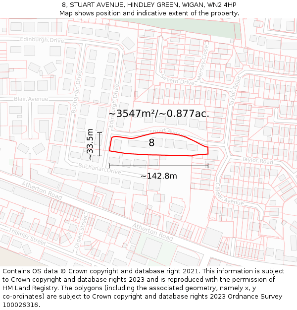 8, STUART AVENUE, HINDLEY GREEN, WIGAN, WN2 4HP: Plot and title map