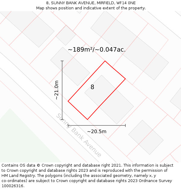 8, SUNNY BANK AVENUE, MIRFIELD, WF14 0NE: Plot and title map