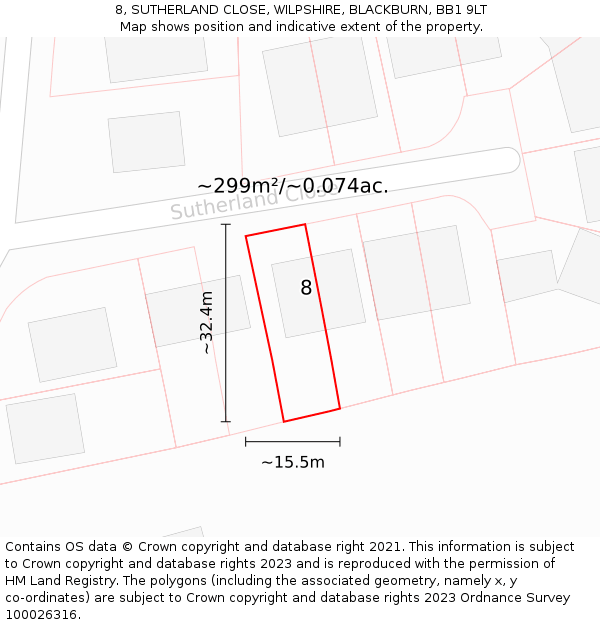 8, SUTHERLAND CLOSE, WILPSHIRE, BLACKBURN, BB1 9LT: Plot and title map