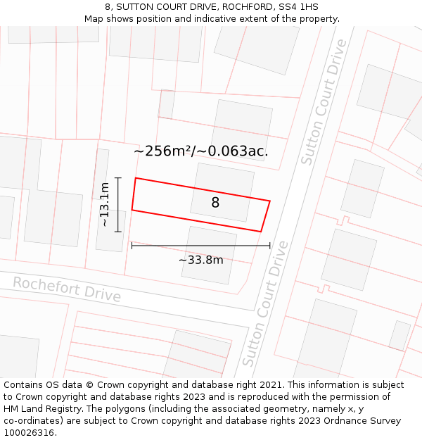 8, SUTTON COURT DRIVE, ROCHFORD, SS4 1HS: Plot and title map